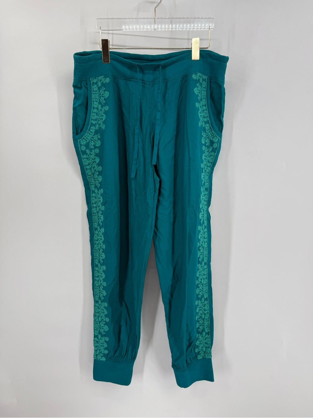 Sundance Embroidered Teal Green Pants Sz M Crop Joggers Boho Festival Colorful